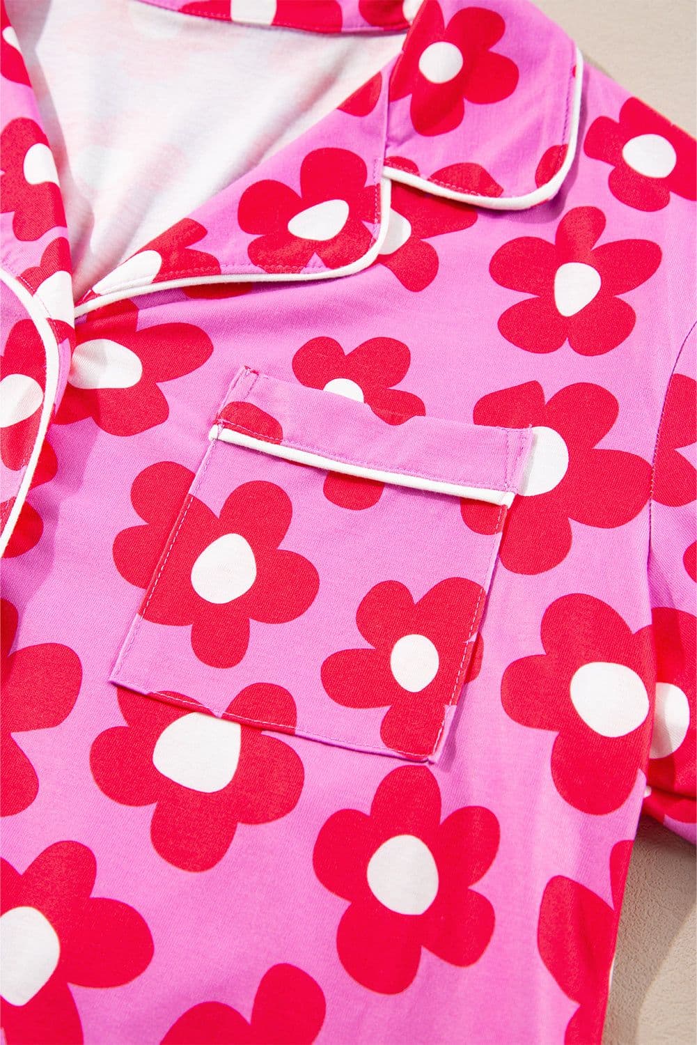 image-Green Flower Print Long Sleeve Shirt Shorts Pajamas Set