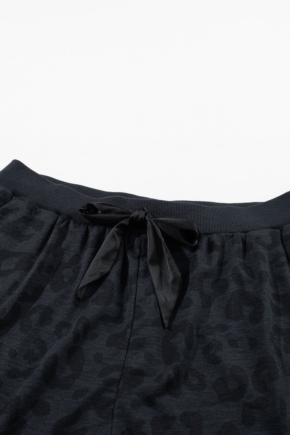image-Gray Printed Leopard Long Sleeve Satin Tie Shorts Two Piece Set