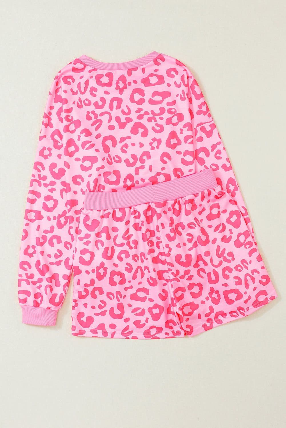 image-Gray Printed Leopard Long Sleeve Satin Tie Shorts Two Piece Set