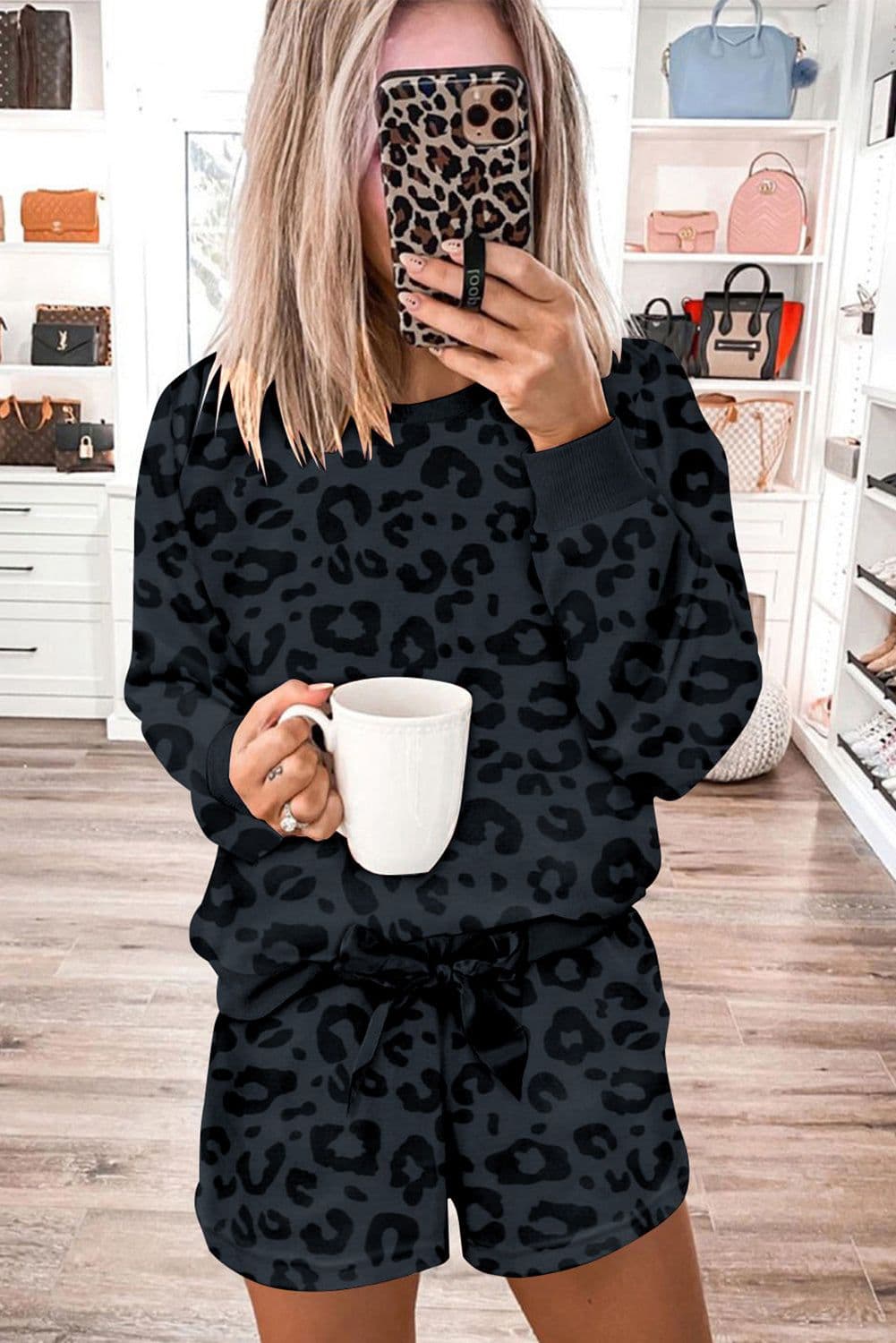 image-Gray Printed Leopard Long Sleeve Satin Tie Shorts Two Piece Set