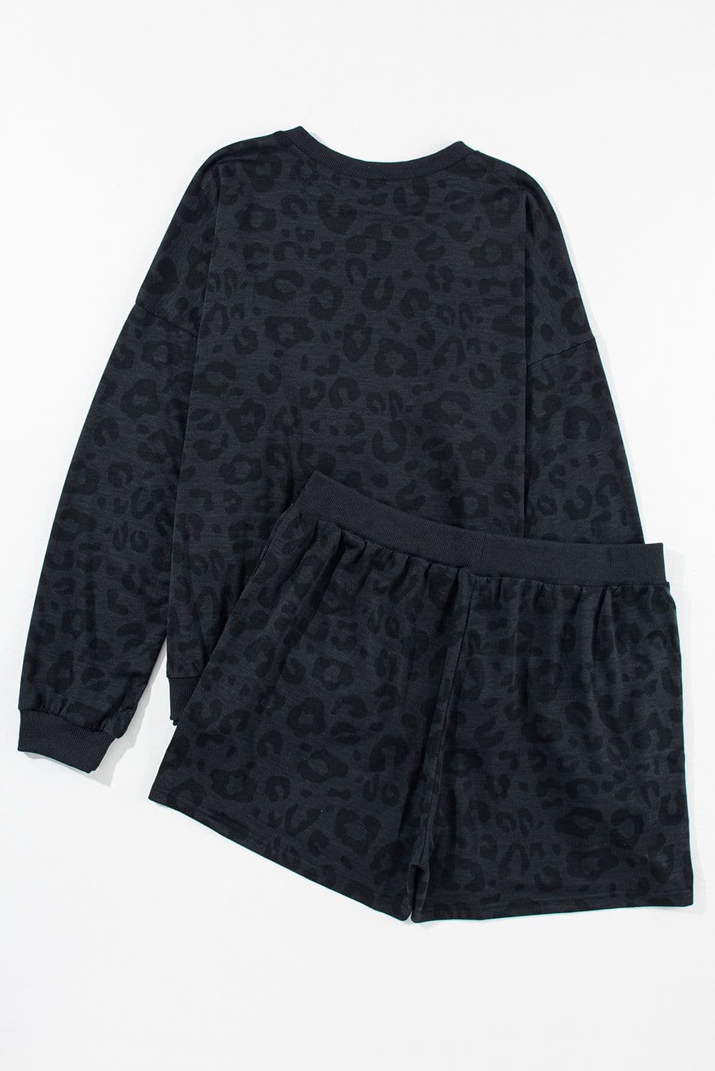 image-Gray Printed Leopard Long Sleeve Satin Tie Shorts Two Piece Set