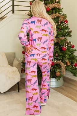 image-Pink Cheetah Print Shirt and Pants Pajama Set