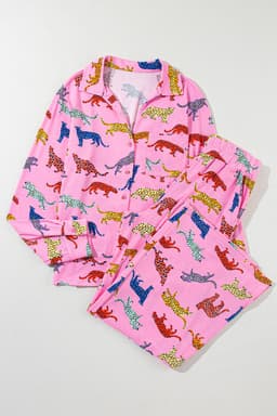 image-Pink Cheetah Print Shirt and Pants Pajama Set