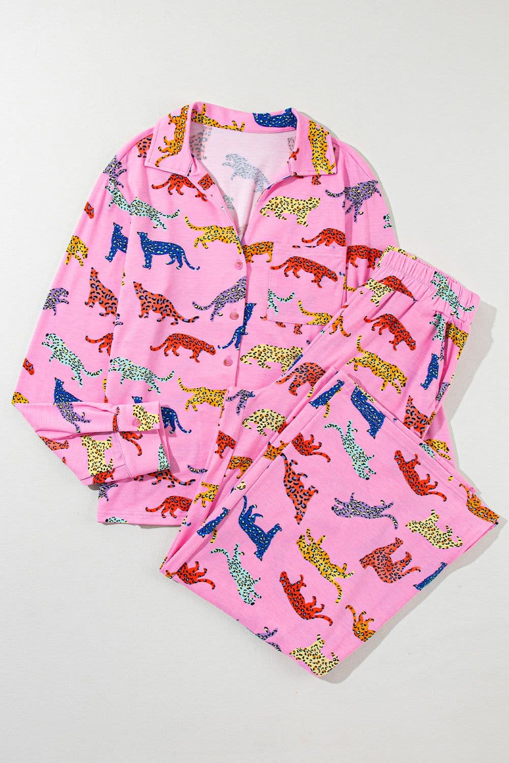 image-Pink Cheetah Print Shirt and Pants Pajama Set