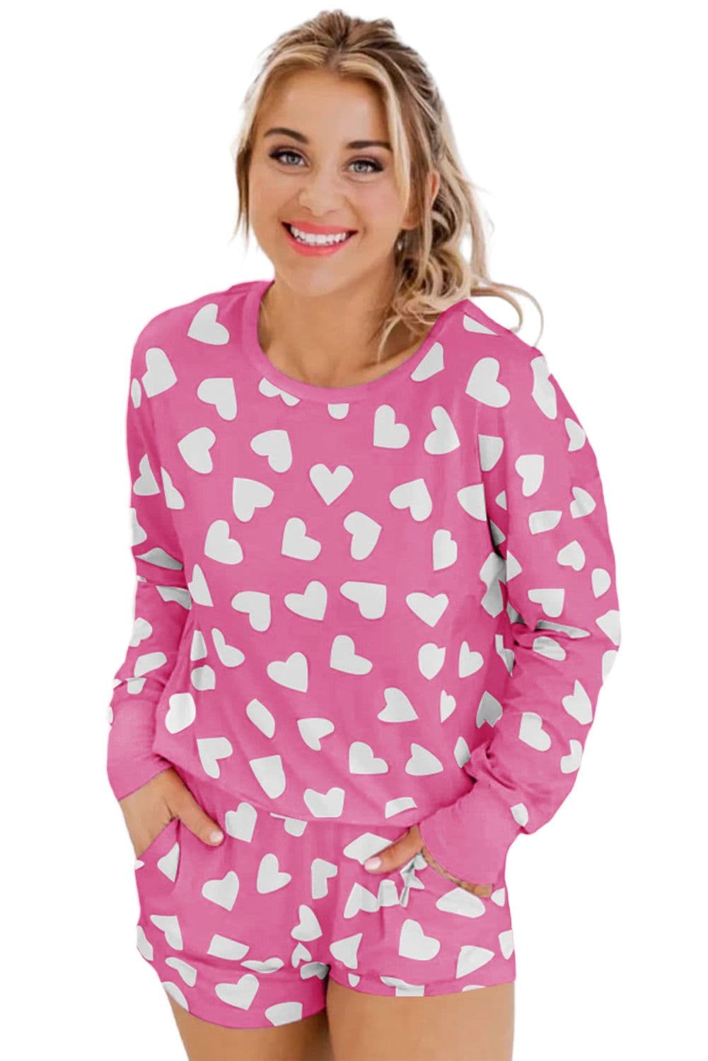 image-Pink Valentine Heart Shape Print Long Sleeve Top Shorts Lounge Set