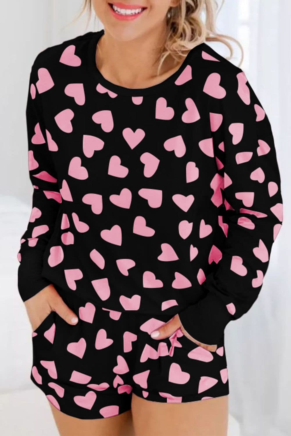 image-Pink Valentine Heart Shape Print Long Sleeve Top Shorts Lounge Set
