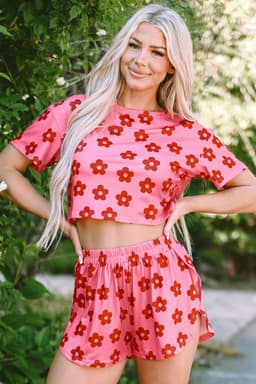 image-Rose Floral Print Crop Tee and Shorts Lounge Set