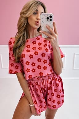 image-Rose Floral Print Crop Tee and Shorts Lounge Set