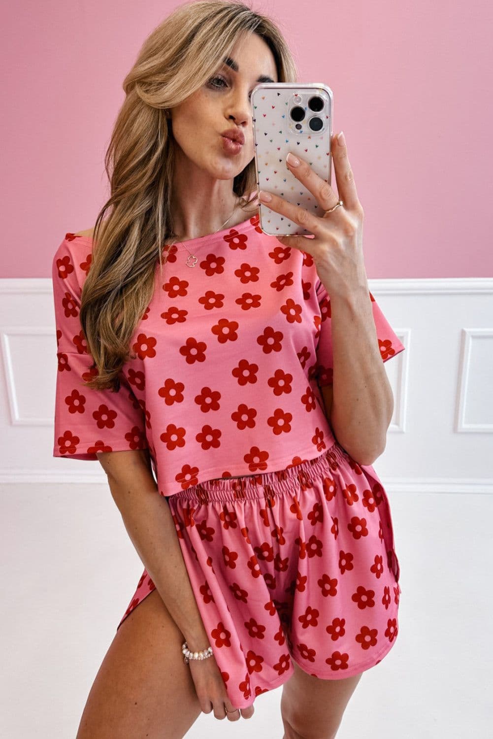 image-Rose Floral Print Crop Tee and Shorts Lounge Set
