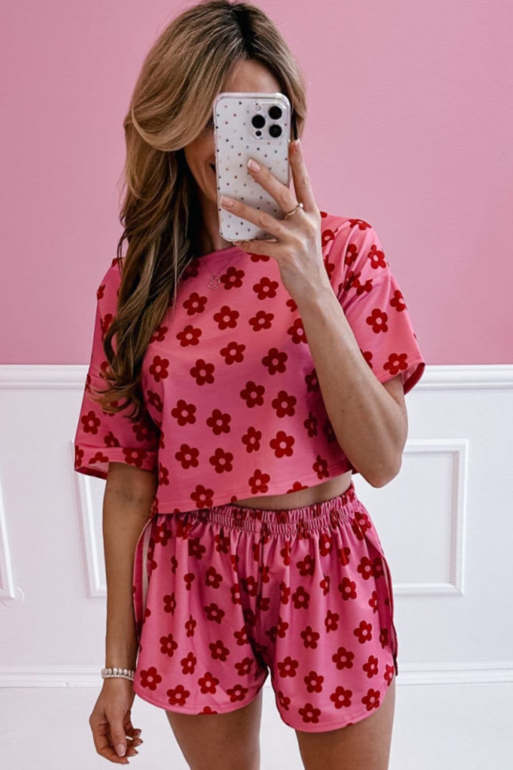 image-Rose Floral Print Crop Tee and Shorts Lounge Set
