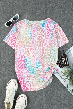 image-Colorful Leopard V Neck Short Sleeve Top