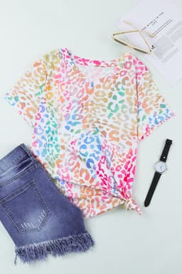 image-Colorful Leopard V Neck Short Sleeve Top