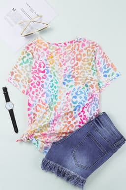 image-Colorful Leopard V Neck Short Sleeve Top