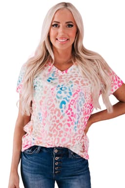 image-Colorful Leopard V Neck Short Sleeve Top