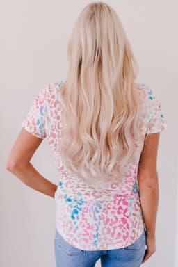 image-Colorful Leopard V Neck Short Sleeve Top