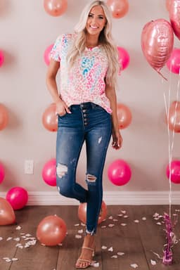 image-Colorful Leopard V Neck Short Sleeve Top