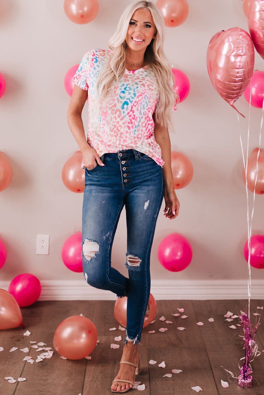 image-Colorful Leopard V Neck Short Sleeve Top