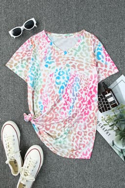 image-Colorful Leopard V Neck Short Sleeve Top