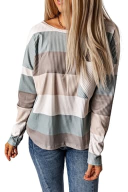 image-Green Color Block Ribbed Long Sleeve Top with Pocket