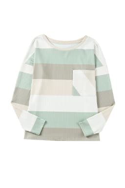 image-Green Color Block Ribbed Long Sleeve Top with Pocket