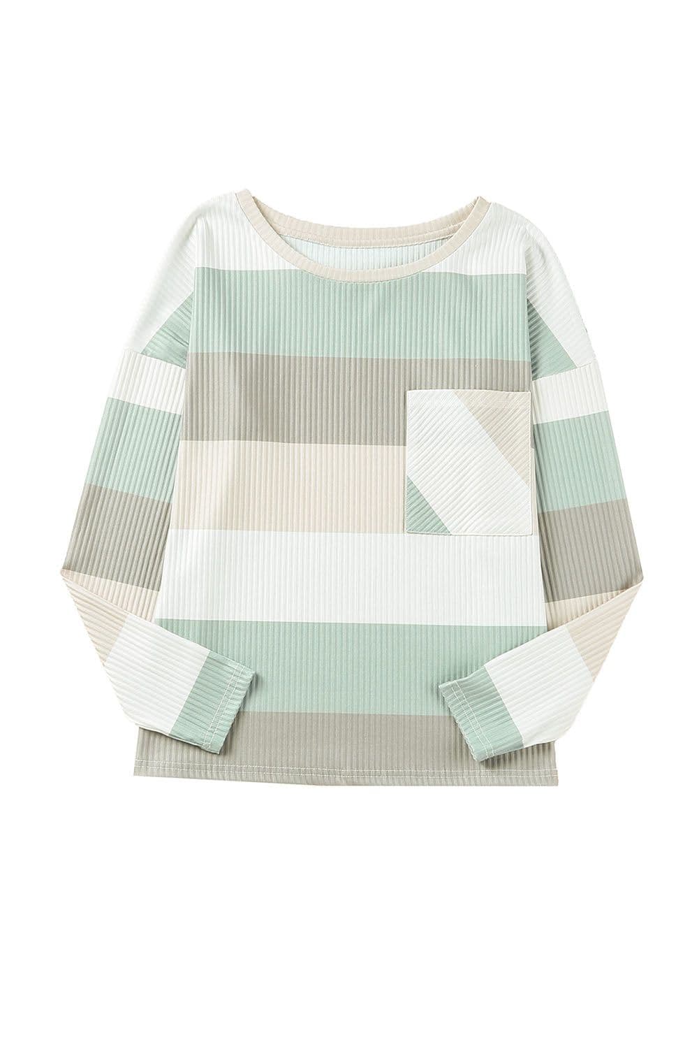 image-Green Color Block Ribbed Long Sleeve Top with Pocket