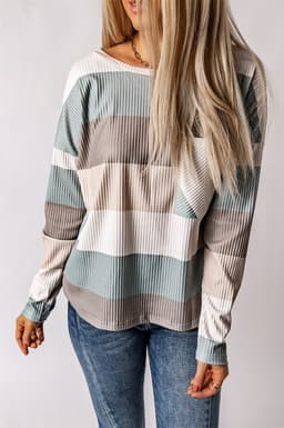 image-Green Color Block Ribbed Long Sleeve Top with Pocket