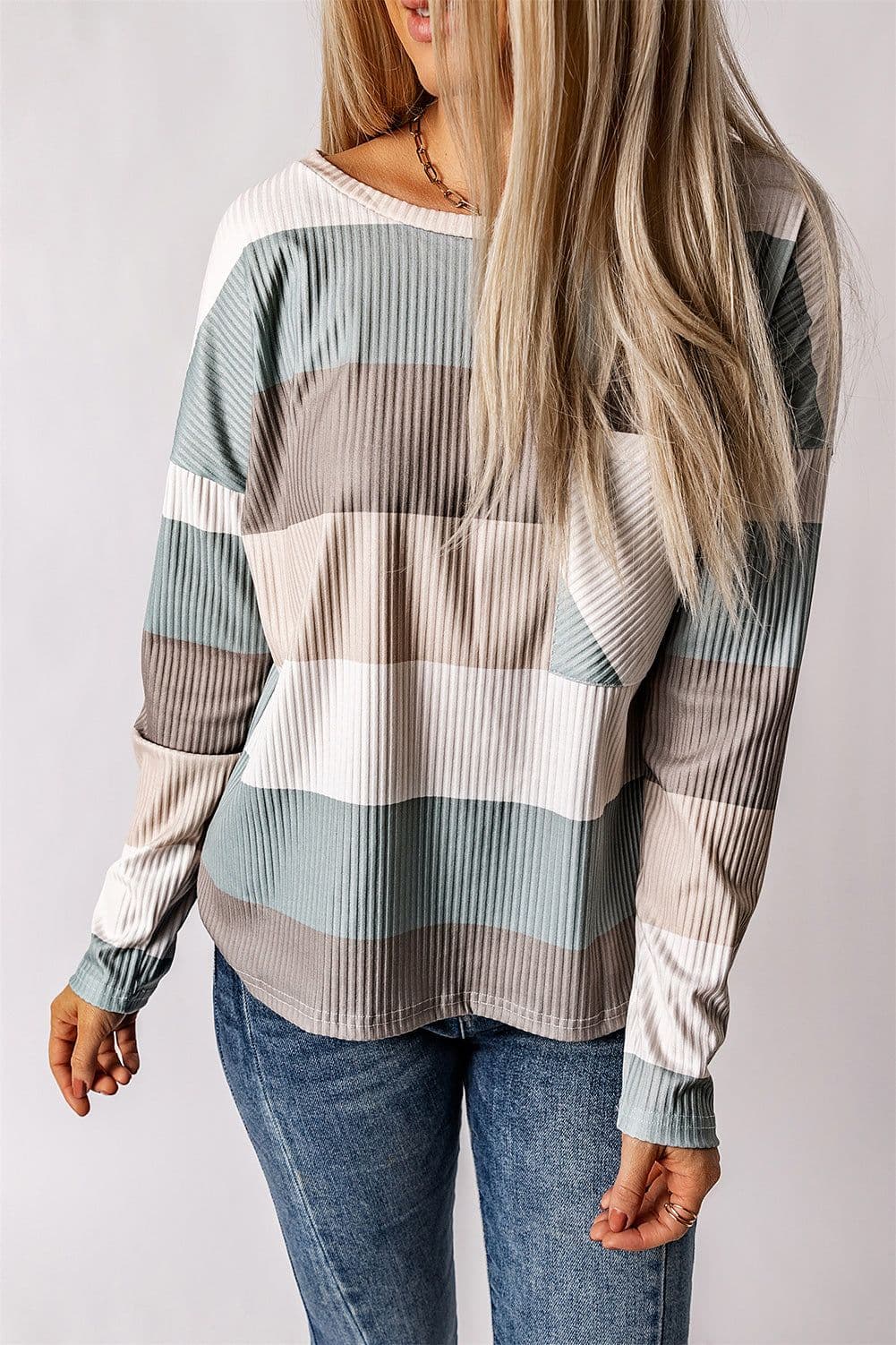 image-Green Color Block Ribbed Long Sleeve Top with Pocket