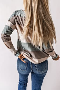 image-Green Color Block Ribbed Long Sleeve Top with Pocket