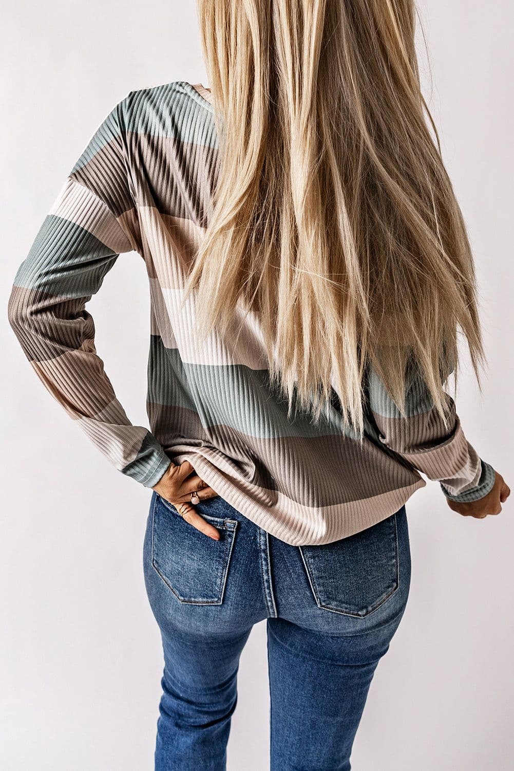 image-Green Color Block Ribbed Long Sleeve Top with Pocket