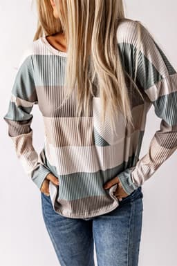 image-Green Color Block Ribbed Long Sleeve Top with Pocket