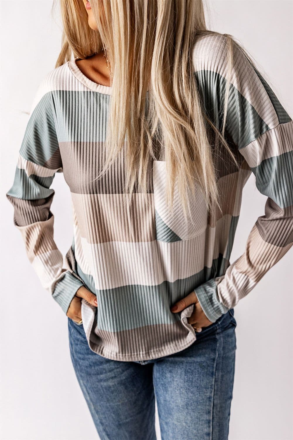 image-Green Color Block Ribbed Long Sleeve Top with Pocket