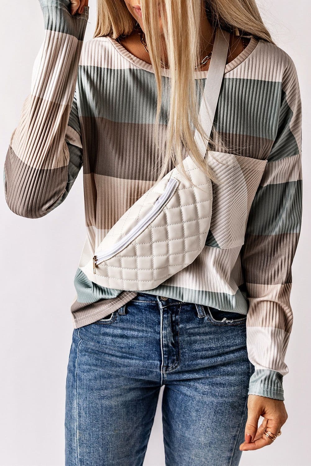image-Green Color Block Ribbed Long Sleeve Top with Pocket