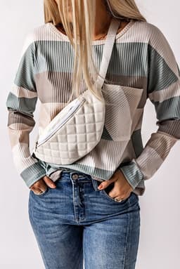image-Green Color Block Ribbed Long Sleeve Top with Pocket