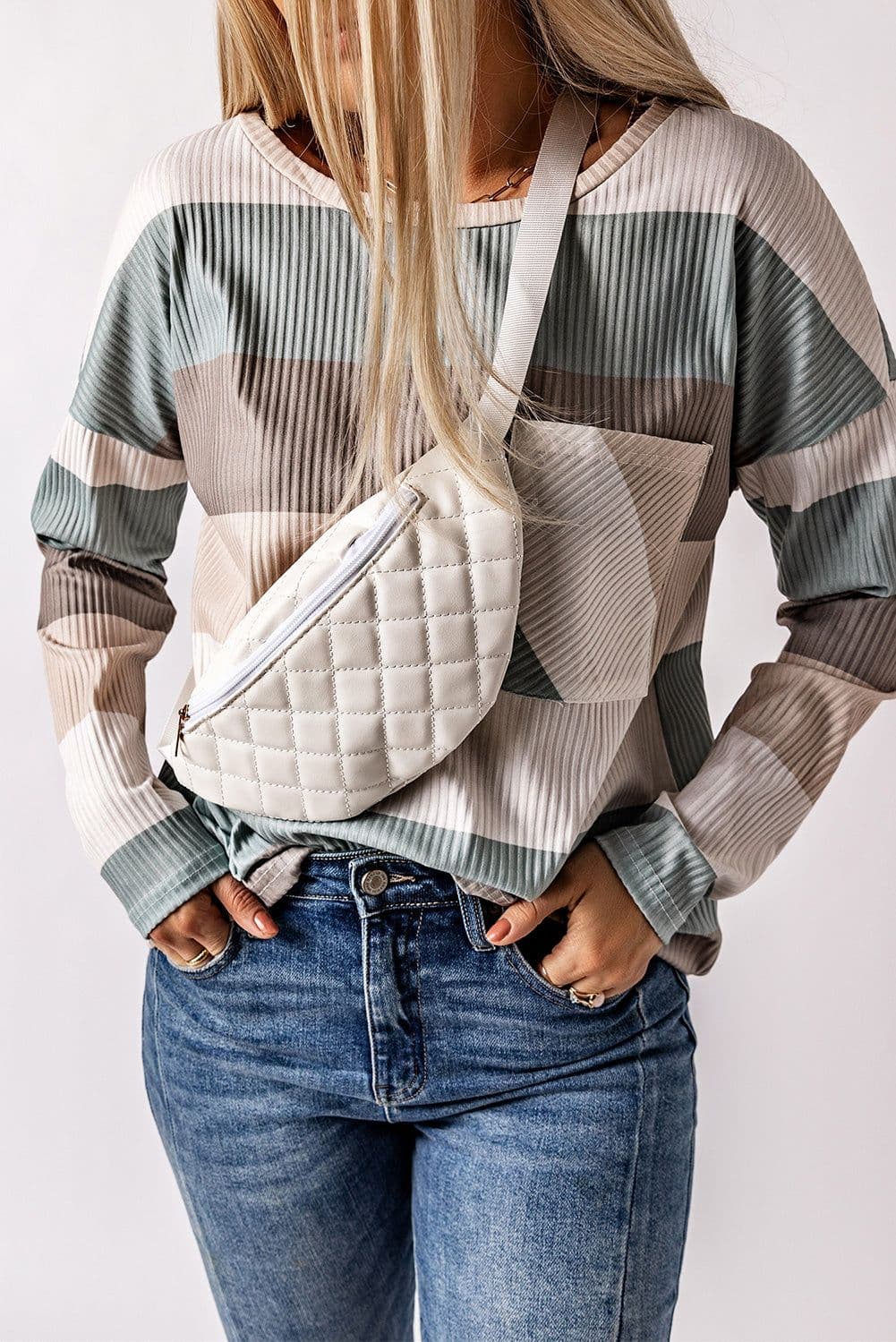 image-Green Color Block Ribbed Long Sleeve Top with Pocket