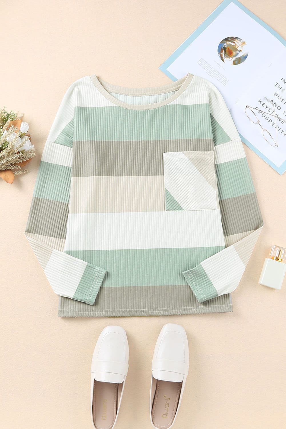 image-Green Color Block Ribbed Long Sleeve Top with Pocket