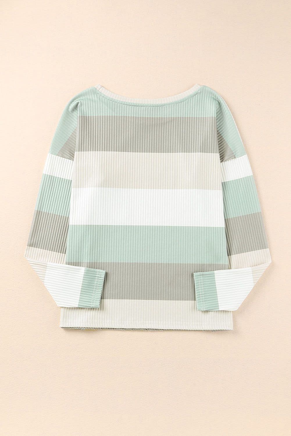 image-Green Color Block Ribbed Long Sleeve Top with Pocket
