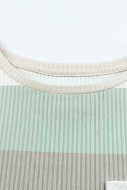 image-Green Color Block Ribbed Long Sleeve Top with Pocket