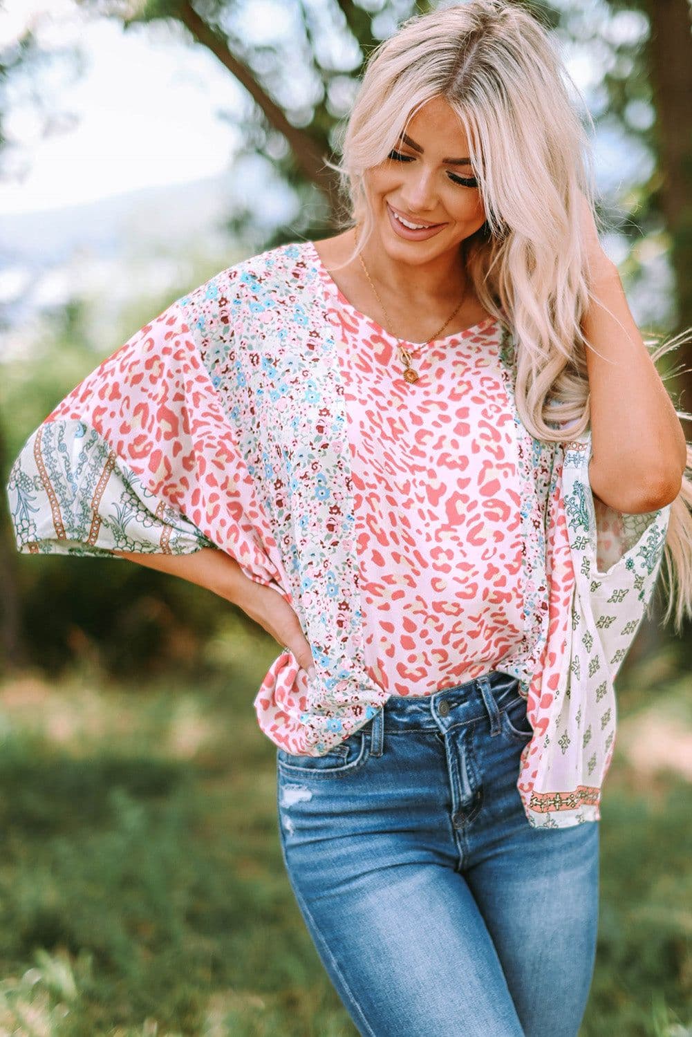 image-Multicolor Animal Floral Mix Print Cape Top