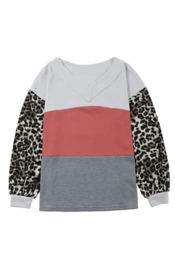 image-Fiery Red Wild Leopard Contrast Sleeve Colorblock Waffle Knit Top