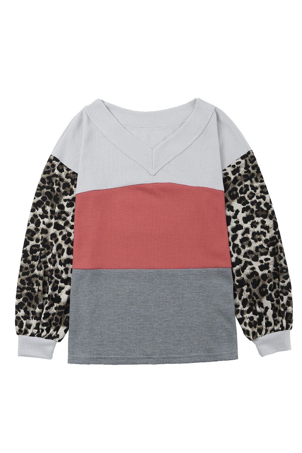 image-Fiery Red Wild Leopard Contrast Sleeve Colorblock Waffle Knit Top