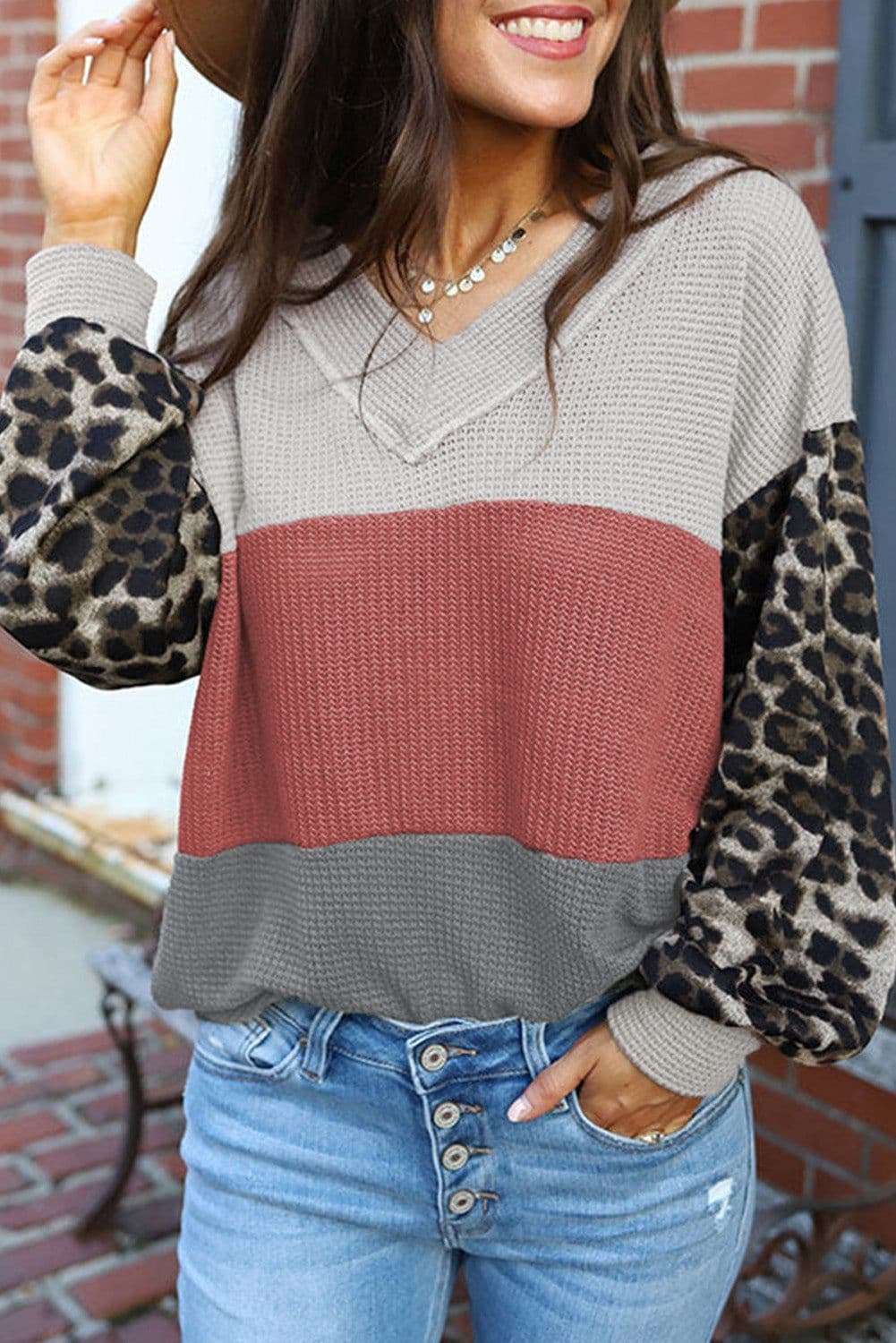 image-Fiery Red Wild Leopard Contrast Sleeve Colorblock Waffle Knit Top