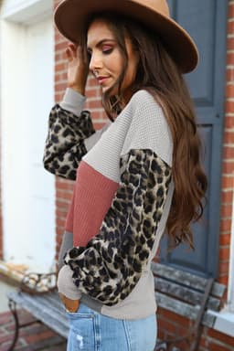 image-Fiery Red Wild Leopard Contrast Sleeve Colorblock Waffle Knit Top