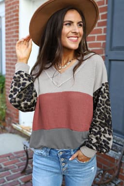 image-Fiery Red Wild Leopard Contrast Sleeve Colorblock Waffle Knit Top