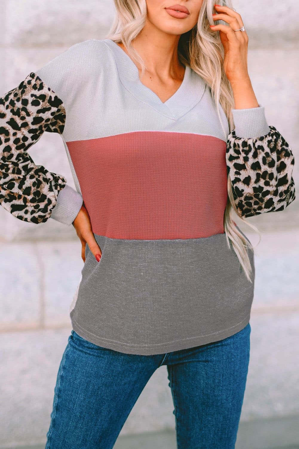 image-Fiery Red Wild Leopard Contrast Sleeve Colorblock Waffle Knit Top