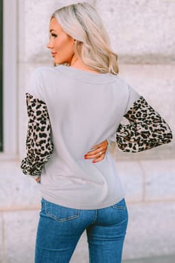 image-Fiery Red Wild Leopard Contrast Sleeve Colorblock Waffle Knit Top