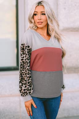 image-Fiery Red Wild Leopard Contrast Sleeve Colorblock Waffle Knit Top