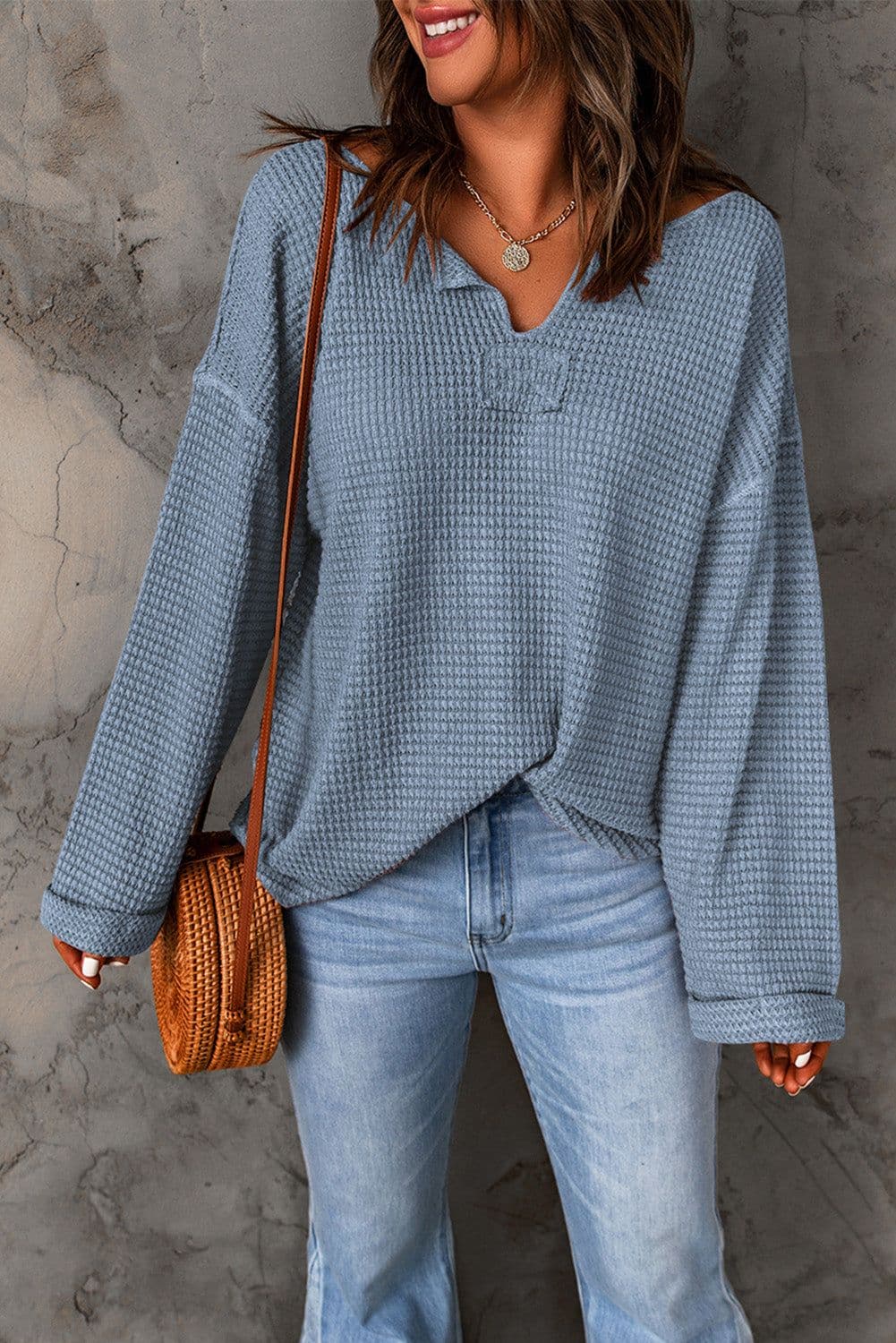 image-purple Waffle Knit Loose Long Sleeve Top