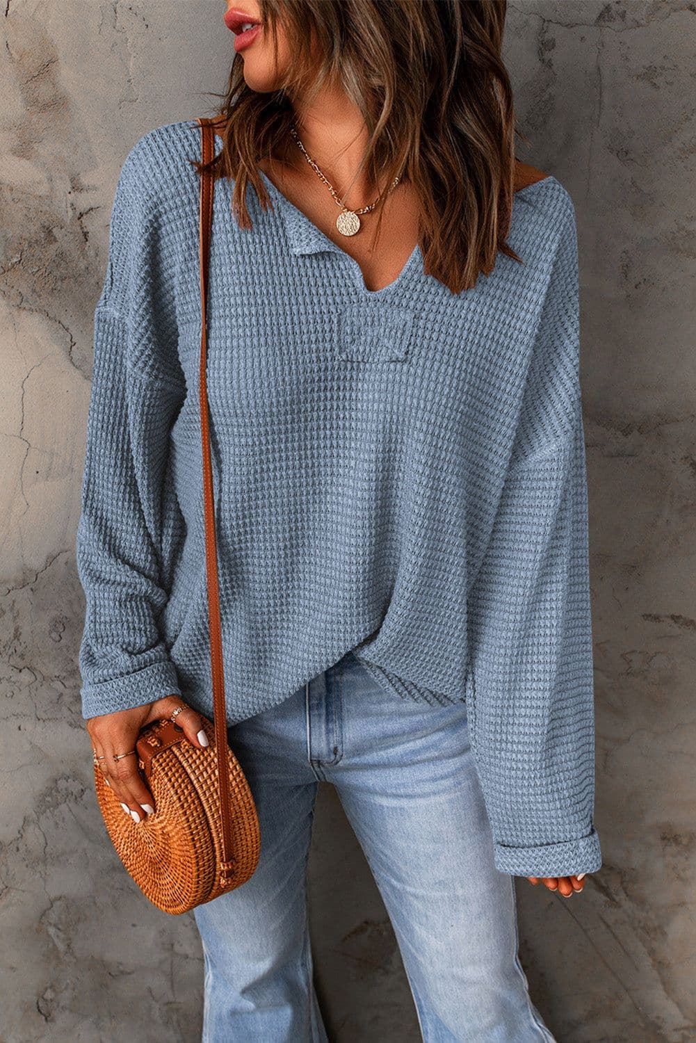 image-purple Waffle Knit Loose Long Sleeve Top