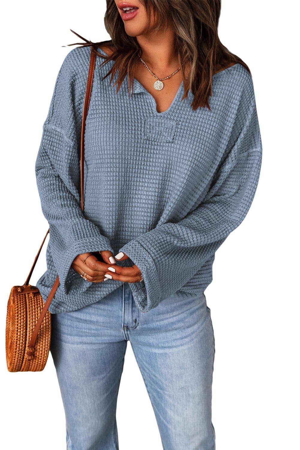 image-purple Waffle Knit Loose Long Sleeve Top