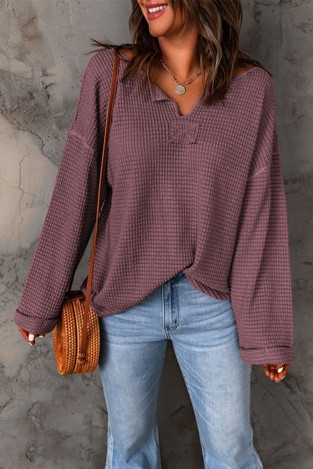 image-purple Waffle Knit Loose Long Sleeve Top